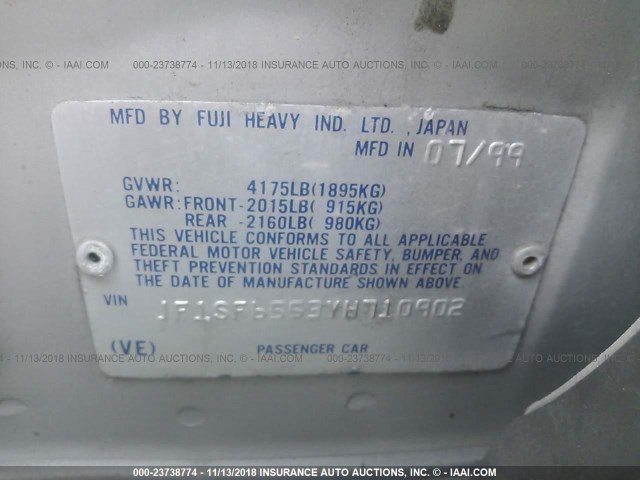 JF1SF6553YH710902 - 2000 SUBARU FORESTER S SILVER photo 9