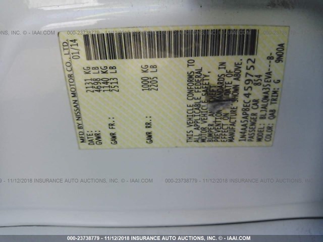 1N4AA5AP8EC459752 - 2014 NISSAN MAXIMA S/SV WHITE photo 9