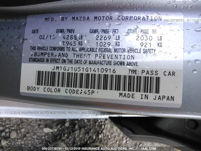 JM1GJ1U51G1410916 - 2016 MAZDA 6 SPORT SILVER photo 9