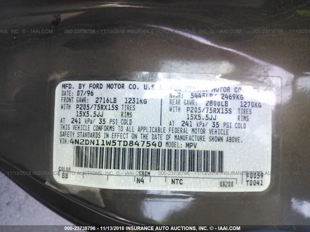 4N2DN11W5TD847540 - 1996 NISSAN QUEST XE/GXE BROWN photo 9