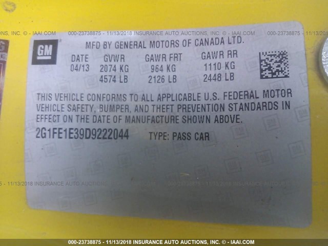 2G1FE1E39D9222044 - 2013 CHEVROLET CAMARO LS YELLOW photo 9