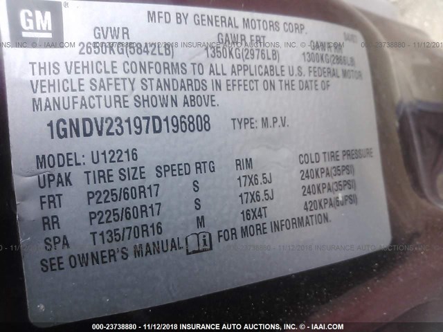 1GNDV23197D196808 - 2007 CHEVROLET UPLANDER LS MAROON photo 9