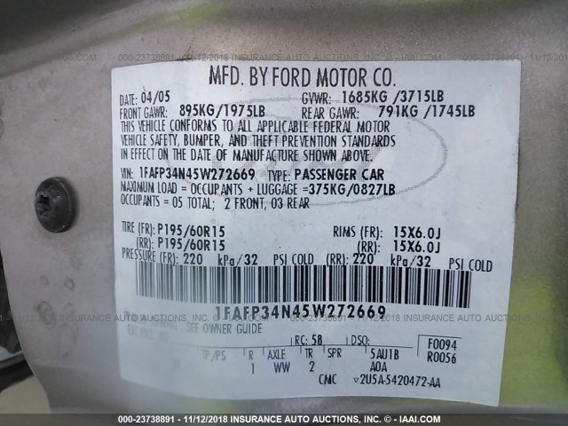 1FAFP34N45W272669 - 2005 FORD FOCUS ZX4 GOLD photo 9