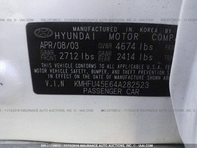 KMHFU45E64A282523 - 2004 HYUNDAI XG 350 WHITE photo 9