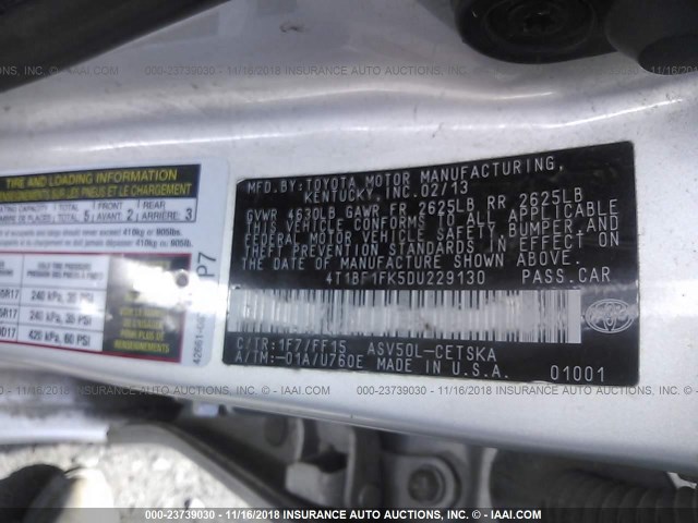 4T1BF1FK5DU229130 - 2013 TOYOTA CAMRY L/SE/LE/XLE Gümüş foto 9