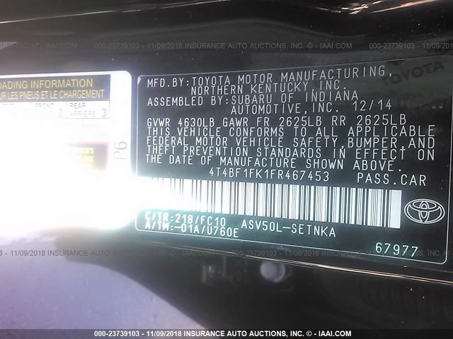 4T4BF1FK1FR467453 - 2015 TOYOTA CAMRY LE/XLE/SE/XSE BLACK photo 9