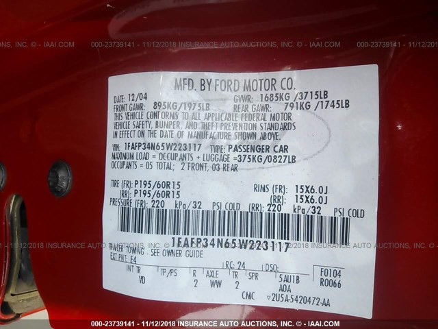 1FAFP34N65W223117 - 2005 FORD FOCUS ZX4 RED photo 9