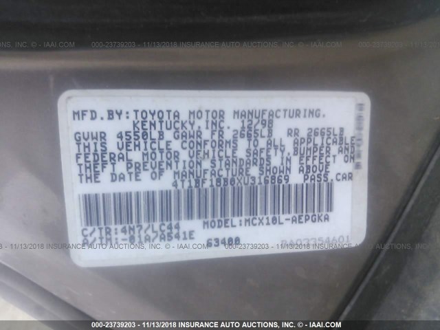 4T1BF18B0XU316869 - 1999 TOYOTA AVALON XL/XLS TAN photo 9