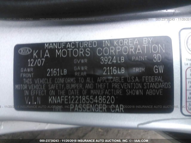 KNAFE122185548620 - 2008 KIA SPECTRA EX/LX/SX SILVER photo 9