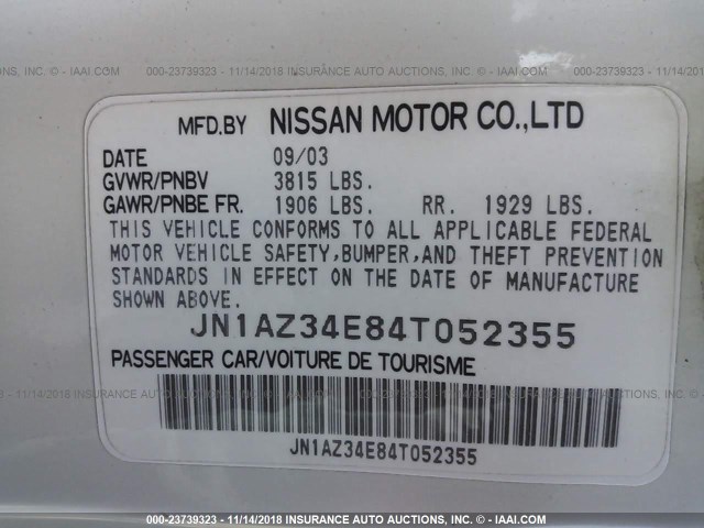 JN1AZ34E84T052355 - 2004 NISSAN 350Z COUPE WHITE photo 9