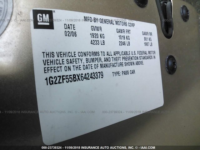 1G2ZF55BX64243379 - 2006 PONTIAC G6 SE GOLD photo 9