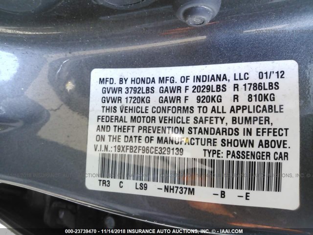 19XFB2F96CE329139 - 2012 HONDA CIVIC EXL GRAY photo 9