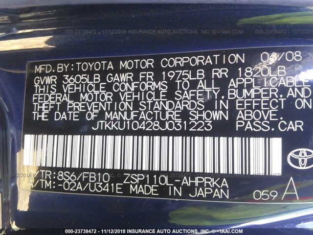 JTKKU10428J031223 - 2008 TOYOTA SCION XD BLUE photo 9