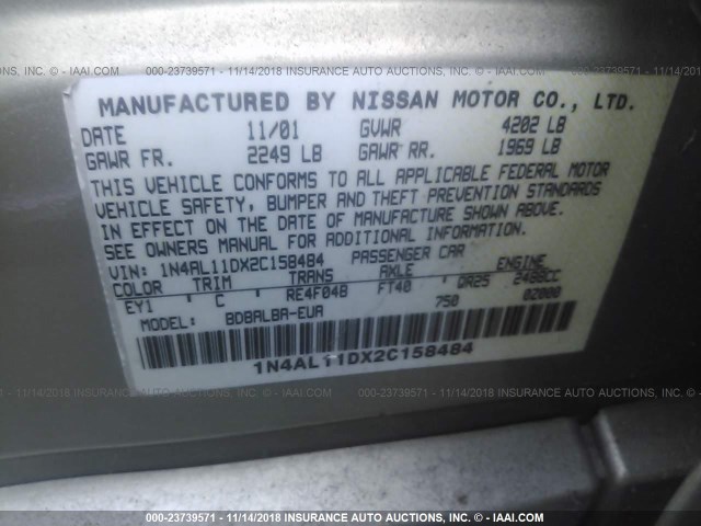 1N4AL11DX2C158484 - 2002 NISSAN ALTIMA S/SL BEIGE photo 9