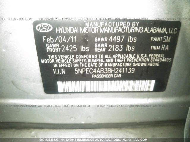 5NPEC4AB3BH241139 - 2011 HYUNDAI SONATA SE/LIMITED SILVER photo 9