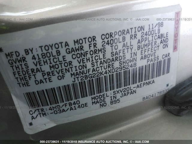 JT2BG22K4X0295248 - 1999 TOYOTA CAMRY LE/XLE GOLD photo 9