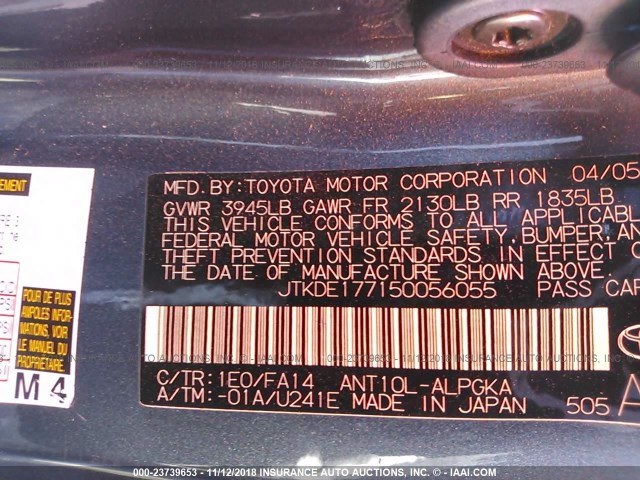JTKDE177150056055 - 2005 TOYOTA SCION TC Boz foto 9