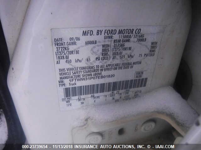 1FTWW31P07EB01820 - 2007 FORD F350 SRW SUPER DUTY WHITE photo 10