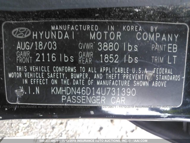 KMHDN46D14U731390 - 2004 HYUNDAI ELANTRA GLS/GT BLACK photo 9