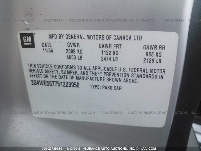2G4WE567751223950 - 2005 BUICK LACROSSE CXS SILVER photo 9