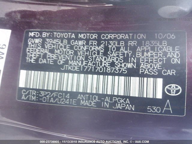 JTKDE177170187375 - 2007 TOYOTA SCION TC 栗色 照片 9