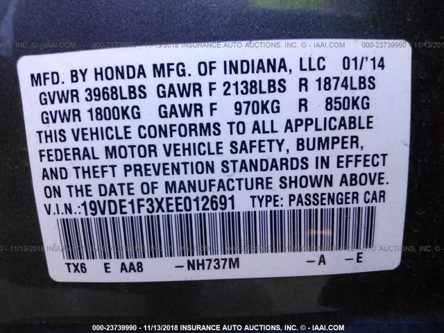 19VDE1F3XEE012691 - 2014 ACURA ILX 20 GRAY photo 9