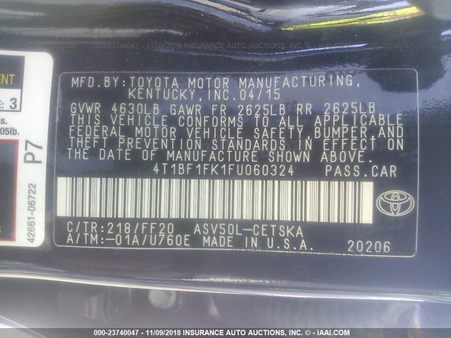 4T1BF1FK1FU060324 - 2015 TOYOTA CAMRY LE/XLE/SE/XSE BLACK photo 9