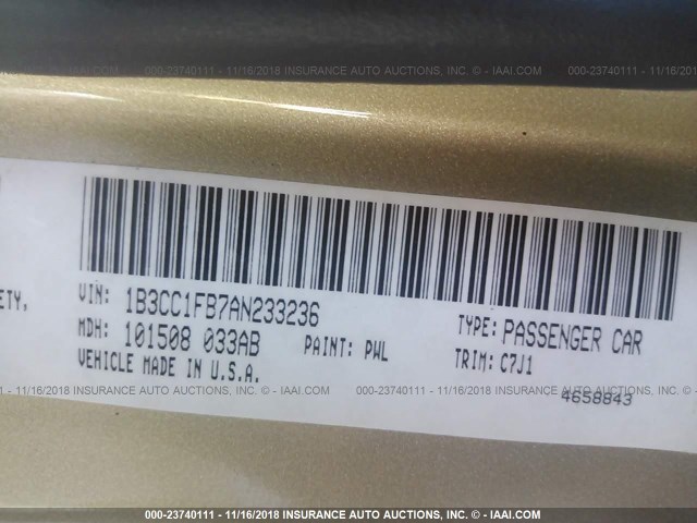 1B3CC1FB7AN233236 - 2010 DODGE AVENGER EXPRESS 金色 照片 9