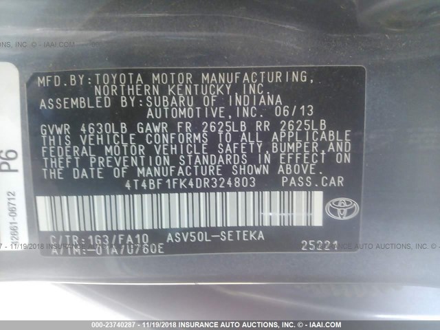 4T4BF1FK4DR324803 - 2013 TOYOTA CAMRY L/SE/LE/XLE GRAY photo 9
