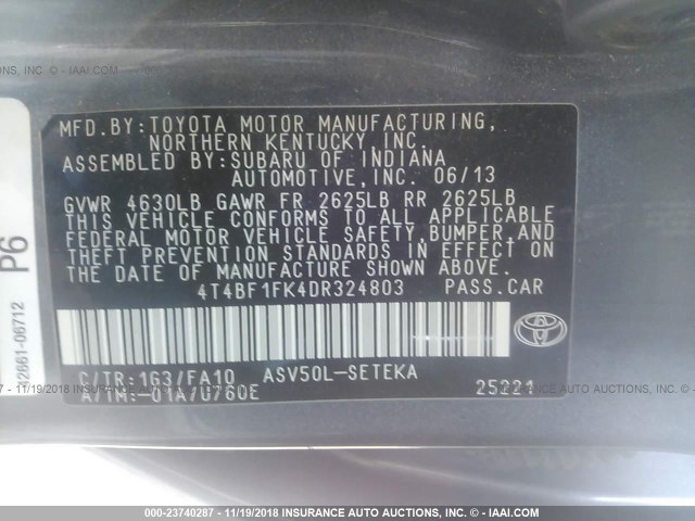 4T4BF1FK4DR324803 - 2013 TOYOTA CAMRY L/SE/LE/XLE Boz foto 9