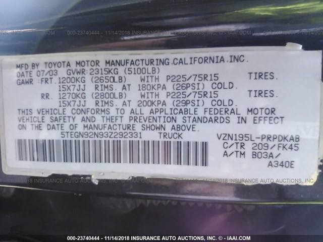 5TEGN92N93Z292331 - 2003 TOYOTA TACOMA DOUBLE CAB PRERUNNER BLACK photo 9