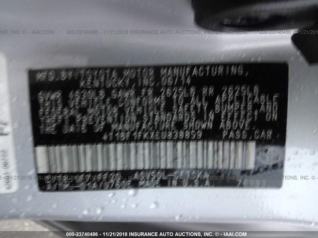 4T1BF1FKXEU838859 - 2014 TOYOTA CAMRY L/SE/LE/XLE 银色 照片 9