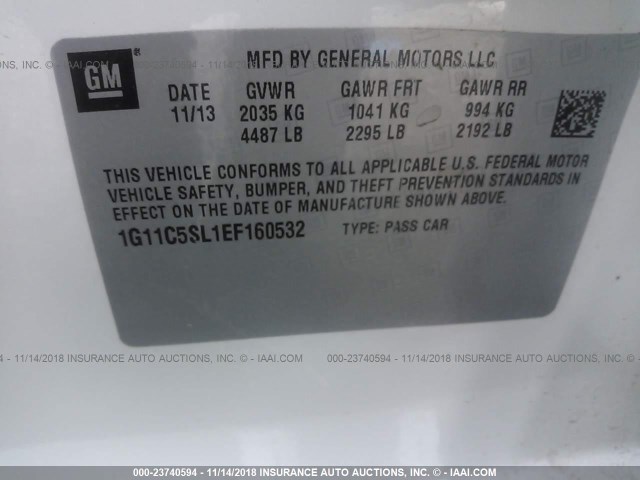 1G11C5SL1EF160532 - 2014 CHEVROLET MALIBU 1LT WHITE photo 9