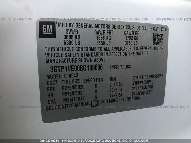 3GTP1VE00BG109686 - 2011 GMC SIERRA C1500 SLE WHITE photo 9