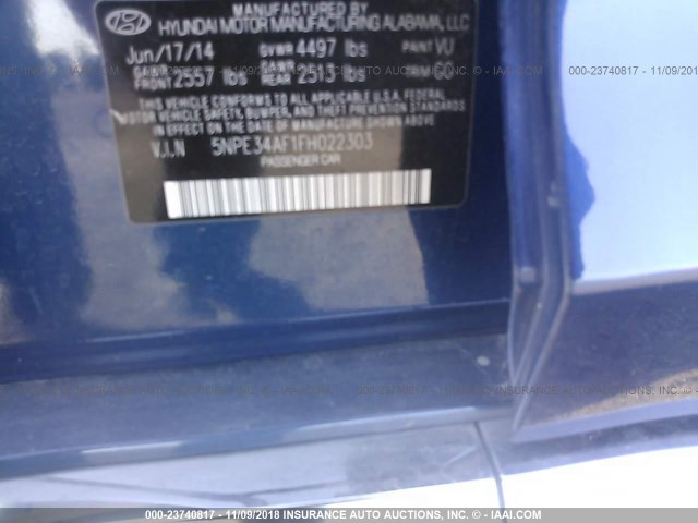 5NPE34AF1FH022303 - 2015 HYUNDAI SONATA SPORT/LIMITED BLUE photo 9