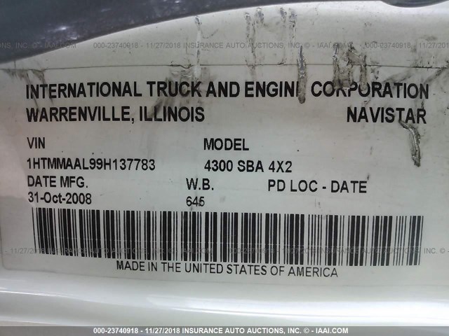 1HTMMAAL99H137783 - 2009 INTERNATIONAL 4300 4300 WHITE photo 9