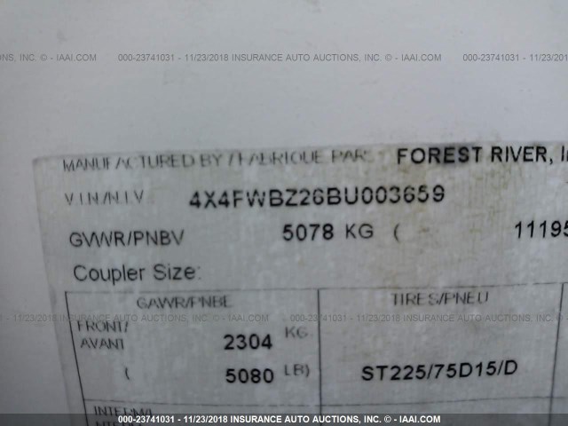 4X4FWBZ26BU003659 - 2011 FOREST RIVER OTHER  WHITE photo 9