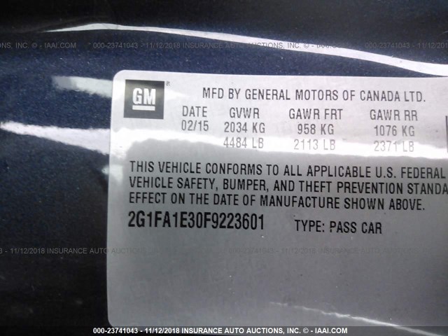 2G1FA1E30F9223601 - 2015 CHEVROLET CAMARO LS BLUE photo 9