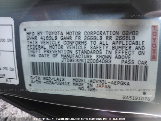 JTDBE32K120084083 - 2002 TOYOTA CAMRY LE/XLE/SE BLUE photo 9