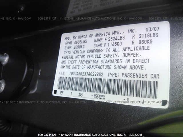 19UUA66237A029962 - 2007 ACURA TL GRAY photo 9