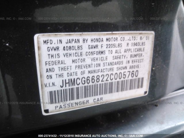 JHMCG66822C005760 - 2002 HONDA ACCORD EX/SE GREEN photo 9