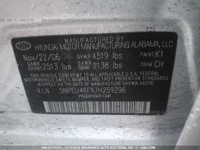 5NPEU46FX7H259296 - 2007 HYUNDAI SONATA SE/LIMITED SILVER photo 9