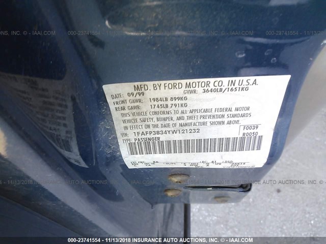 1FAFP3834YW121232 - 2000 FORD FOCUS ZTS BLUE photo 9