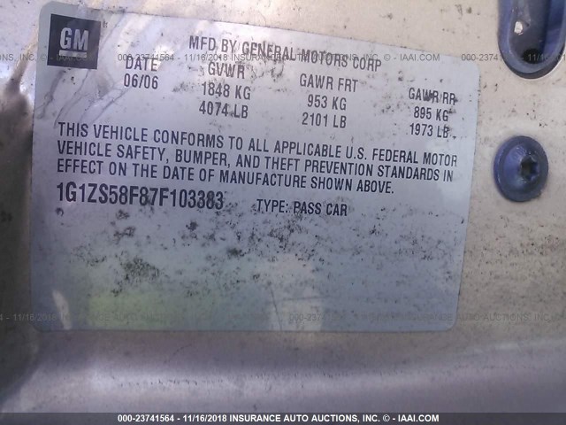 1G1ZS58F87F103383 - 2007 CHEVROLET MALIBU LS 金色 照片 9