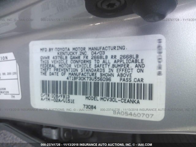 4T1BF30K73U556096 - 2003 TOYOTA CAMRY LE/XLE/SE SILVER photo 9