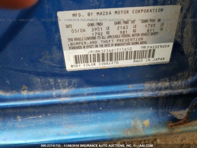 JM1BK323661515650 - 2006 MAZDA 3 S BLUE photo 9