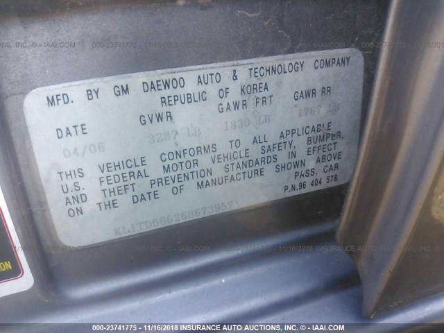 KL1TD66626B673957 - 2006 CHEVROLET AVEO LS GRAY photo 9