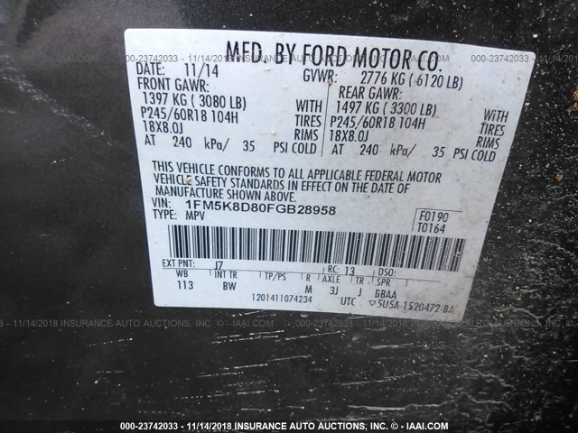 1FM5K8D80FGB28958 - 2015 FORD EXPLORER XLT GRAY photo 9