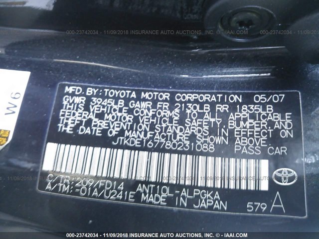 JTKDE167780231088 - 2008 TOYOTA SCION TC 黑色 照片 9