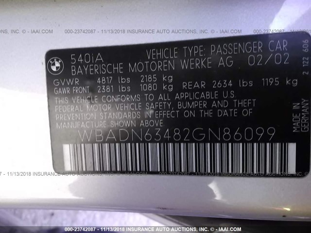 WBADN63482GN86099 - 2002 BMW 540 I AUTOMATIC Gümüş fotoğraf 9